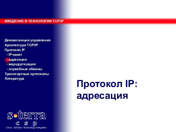 Протокол IP: адресация ВВЕДЕНИЕ В ТЕХНОЛОГИИ TCP/IP Декомпозиция управления Архитектура