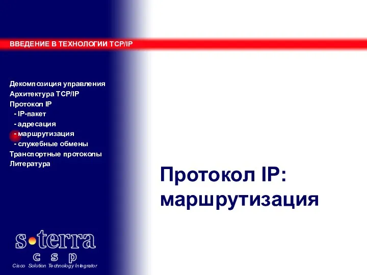 Протокол IP: маршрутизация ВВЕДЕНИЕ В ТЕХНОЛОГИИ TCP/IP Декомпозиция управления Архитектура