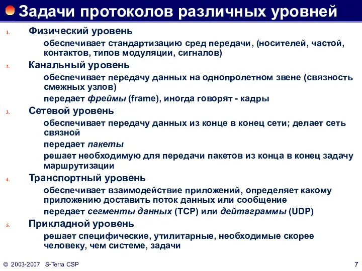 © 2003-2007 S-Terra CSP Задачи протоколов различных уровней Физический уровень