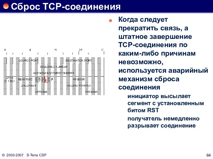 © 2003-2007 S-Terra CSP Сброс ТСР-соединения Когда следует прекратить связь,