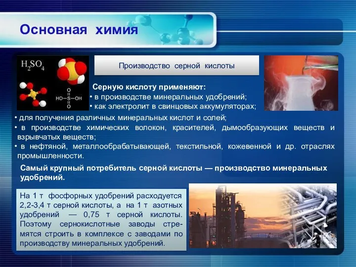 Основная химия Производство серной кислоты для получения различных минеральных кислот