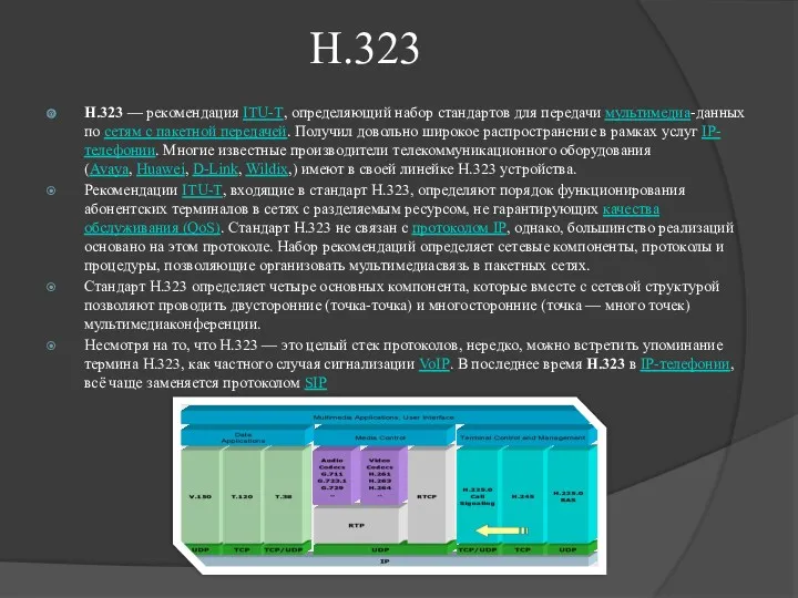 H.323 H.323 — рекомендация ITU-T, определяющий набор стандартов для передачи мультимедиа-данных по сетям