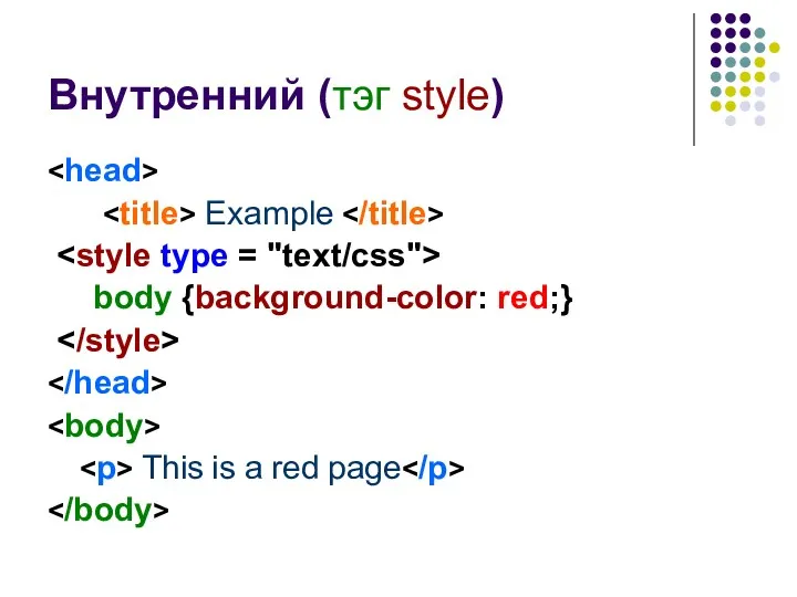 Внутренний (тэг style) Example body {background-color: red;} This is a red page