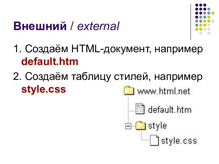 Внешний / external 1. Создаём HTML-документ, например default.htm 2. Создаём таблицу стилей, например style.css