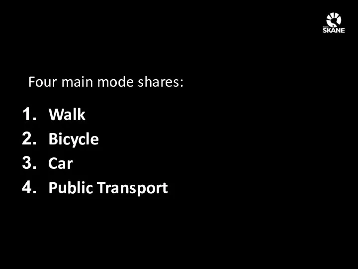Four main mode shares: Walk Bicycle Car Public Transport