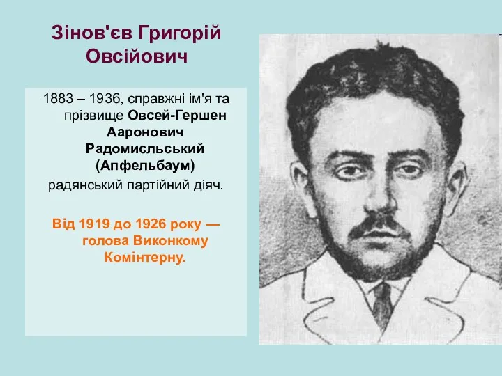 Зінов'єв Григорій Овсійович 1883 – 1936, справжні ім'я та прізвище