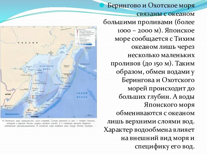 Берингово и Охотское моря связаны с океаном большими проливами (более 1000 – 2000