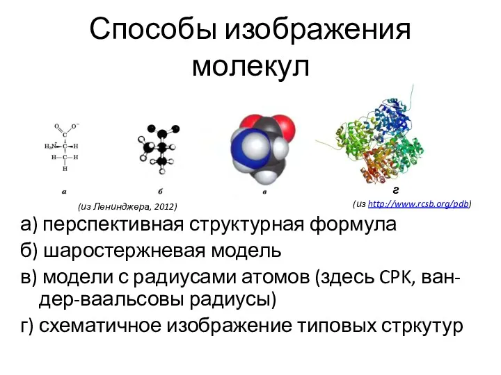 Способы изображения молекул а) перспективная структурная формула б) шаростержневая модель в) модели с