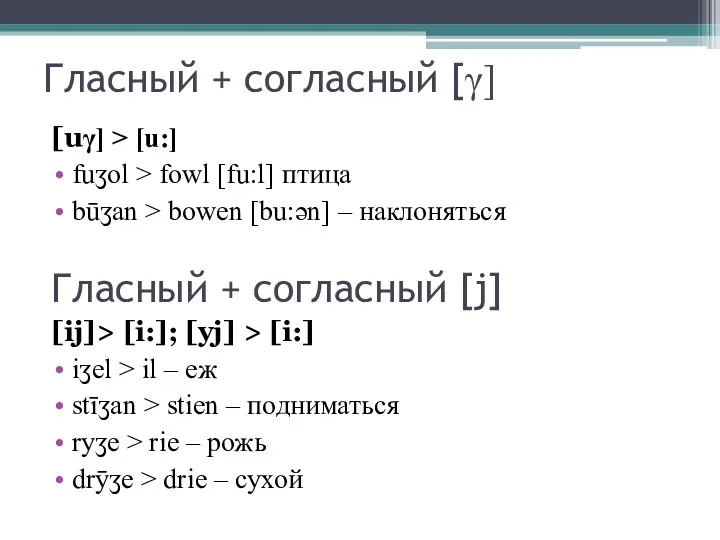 Гласный + согласный [γ] [uγ] > [u:] fuʒol > fowl