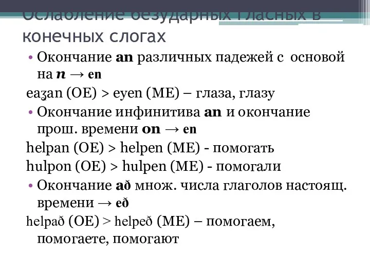 Ослабление безударных гласных в конечных слогах Окончание an различных падежей