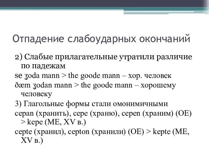 Отпадение слабоударных окончаний 2) Слабые прилагательные утратили различие по падежам