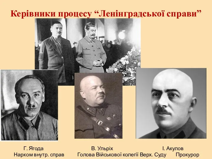 Керівники процесу “Ленінградської справи” Г. Ягода В. Ульріх І. Акулов