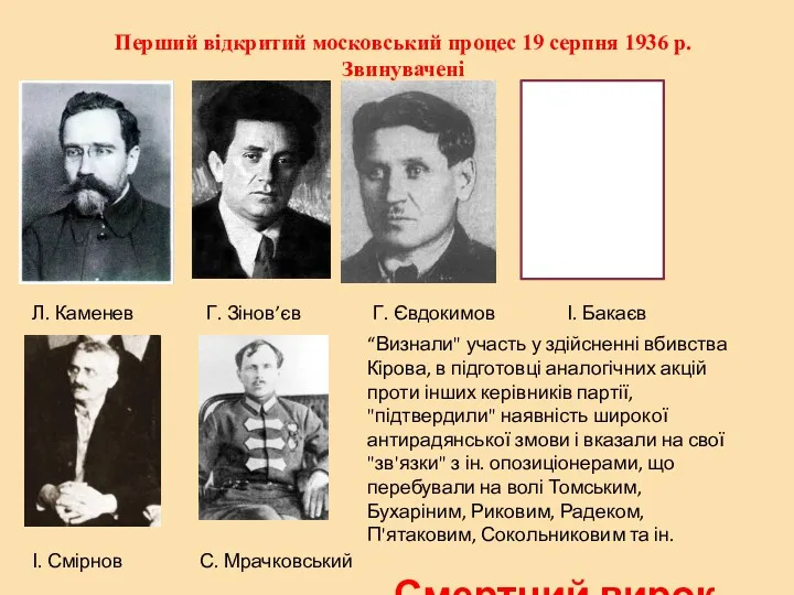 Перший відкритий московський процес 19 серпня 1936 р. Звинувачені Л.