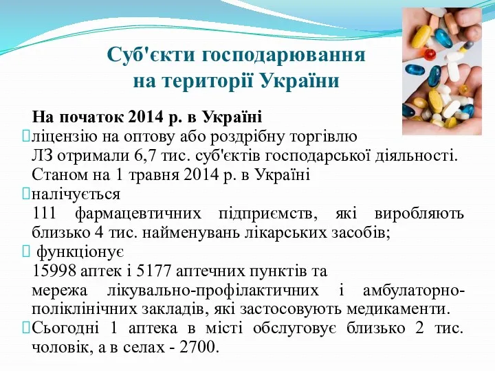 Суб'єкти господарювання на території України На початок 2014 р. в