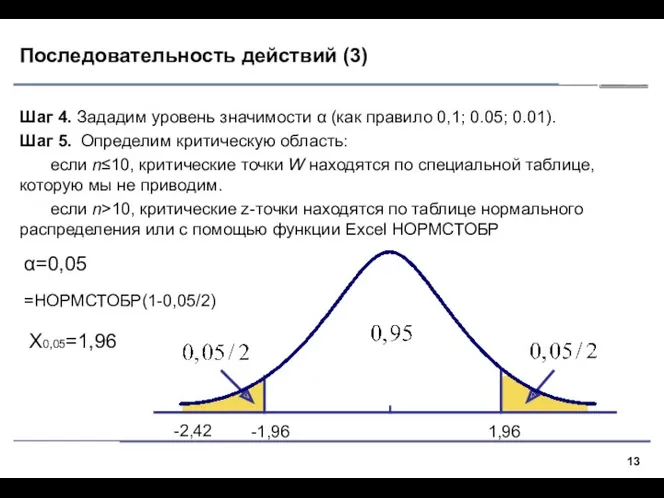 Последовательность действий (3) Шаг 4. Зададим уровень значимости α (как правило 0,1; 0.05;