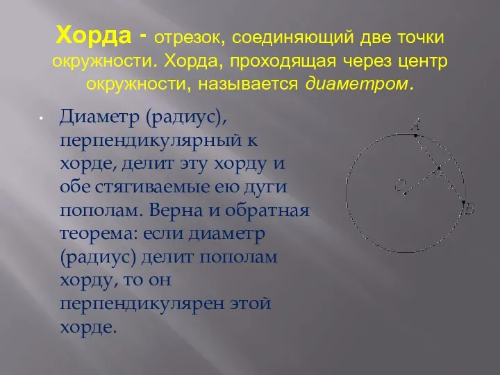 Хорда - отрезок, соединяющий две точки окружности. Хорда, проходящая через