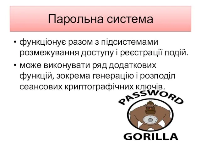 Парольна система функціонує разом з підсистемами розмежування доступу і реєстрації