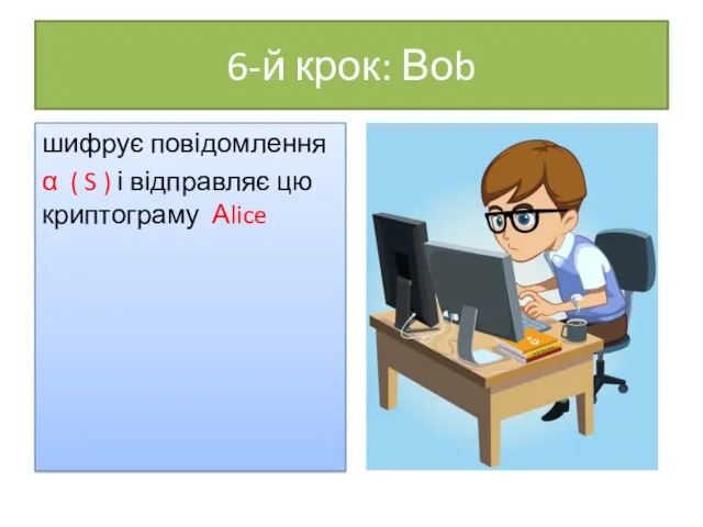 6-й крок: Воb шифрує повідомлення α ( S ) і відправляє цю криптограму Аlice