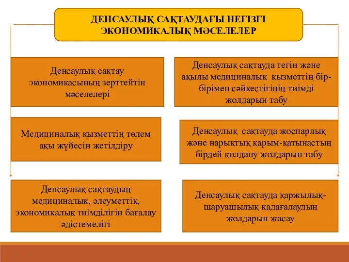 ДЕНСАУЛЫҚ САҚТАУДАҒЫ НЕГІЗГІ ЭКОНОМИКАЛЫҚ МӘСЕЛЕЛЕР Денсаулық сақтау экономикасының зерттейтін мәселелері