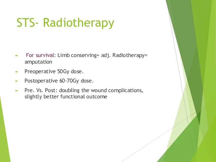 STS- Radiotherapy For survival: Limb conserving+ adj. Radiotherapy= amputation Preoperative