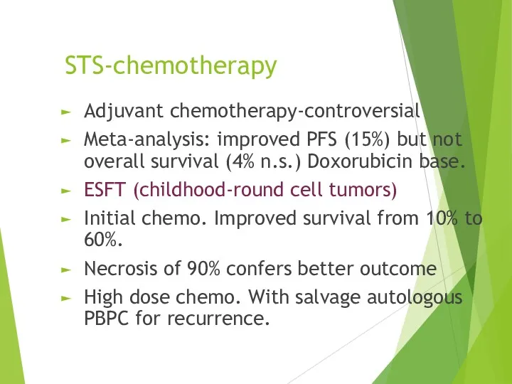 STS-chemotherapy Adjuvant chemotherapy-controversial Meta-analysis: improved PFS (15%) but not overall