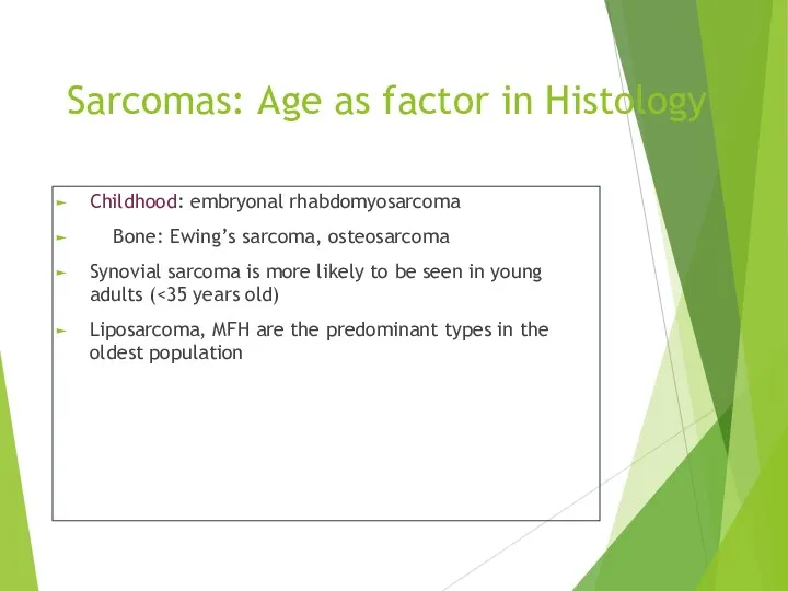 Sarcomas: Age as factor in Histology Childhood: embryonal rhabdomyosarcoma Bone: