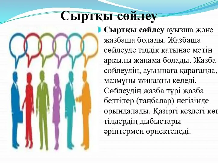 Сыртқы сөйлеу Сыртқы сөйлеу ауызша және жазбаша болады. Жазбаша сөйлеуде