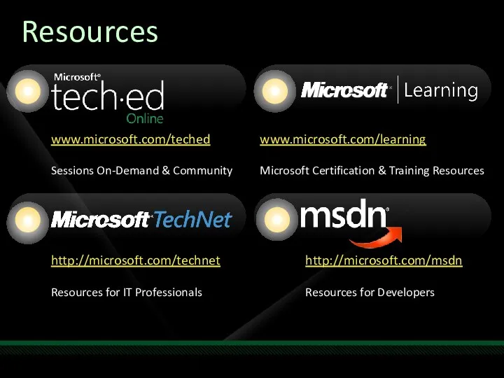 www.microsoft.com/teched Sessions On-Demand & Community http://microsoft.com/technet Resources for IT Professionals