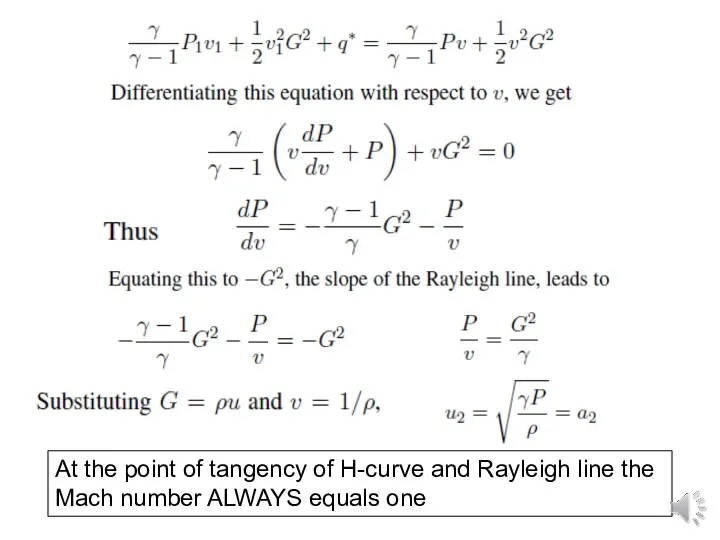 At the point of tangency of H-curve and Rayleigh line the Mach number ALWAYS equals one