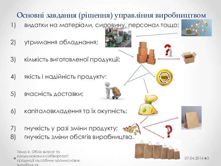 Основні завдання (рішення) управління виробництвом видатки на матеріали, сировину, персонал