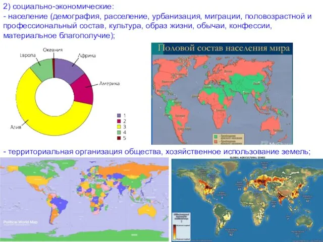 2) социально-экономические: - население (демография, расселение, урбанизация, миграции, половозрастной и