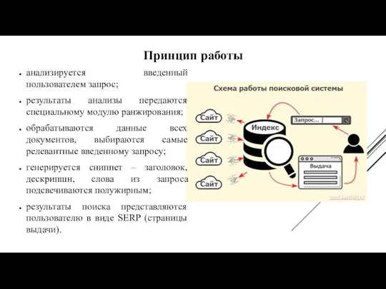 Принцип работы анализируется введенный пользователем запрос; результаты анализы передаются специальному