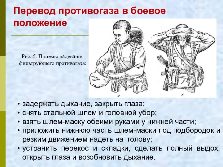 Перевод противогаза в боевое положение Рис. 5. Приемы надевания фильтрующего