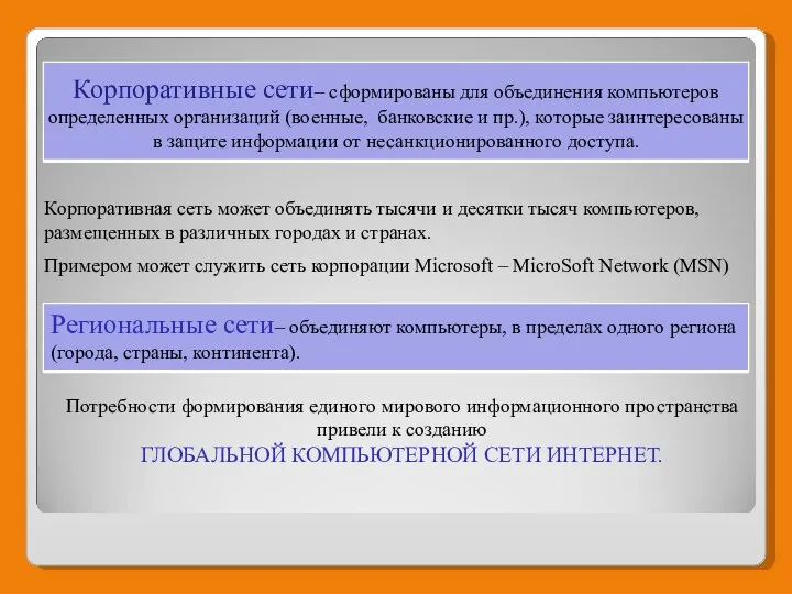 Корпоративные сети– сформированы для объединения компьютеров определенных организаций (военные, банковские