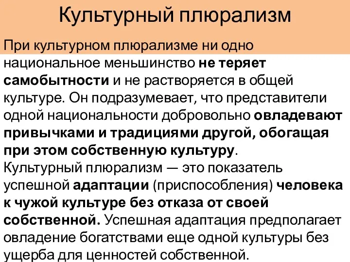 Культурный плюрализм При культурном плюрализме ни одно национальное меньшинство не