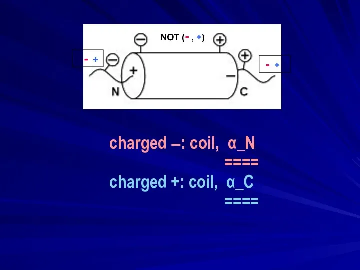 charged −: coil, α_N ==== charged +: coil, α_C ====