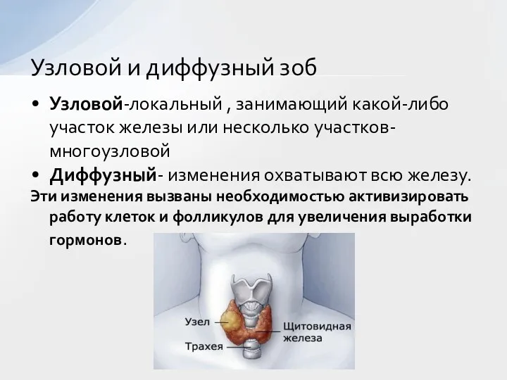 Узловой-локальный , занимающий какой-либо участок железы или несколько участков-многоузловой Диффузный- изменения охватывают всю