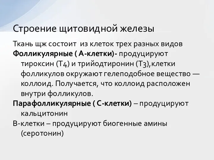 Ткань щж состоит из клеток трех разных видов Фолликулярные ( А-клетки)- продуцируют тироксин