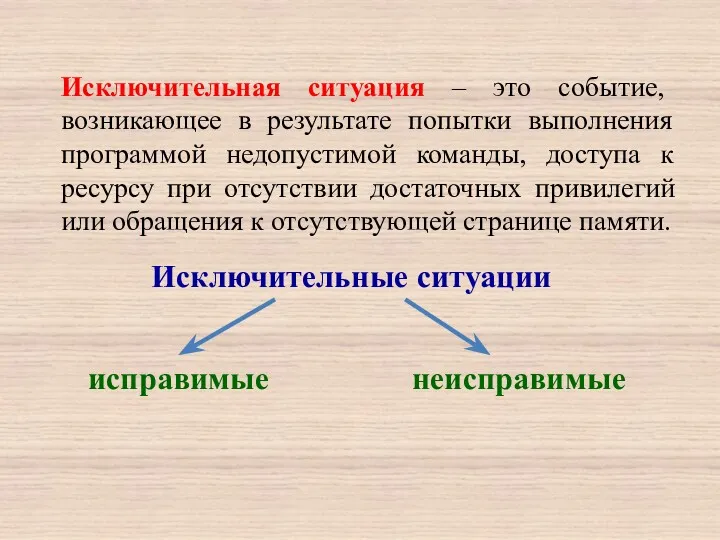 Исключительная ситуация – это событие, возникающее в результате попытки выполнения