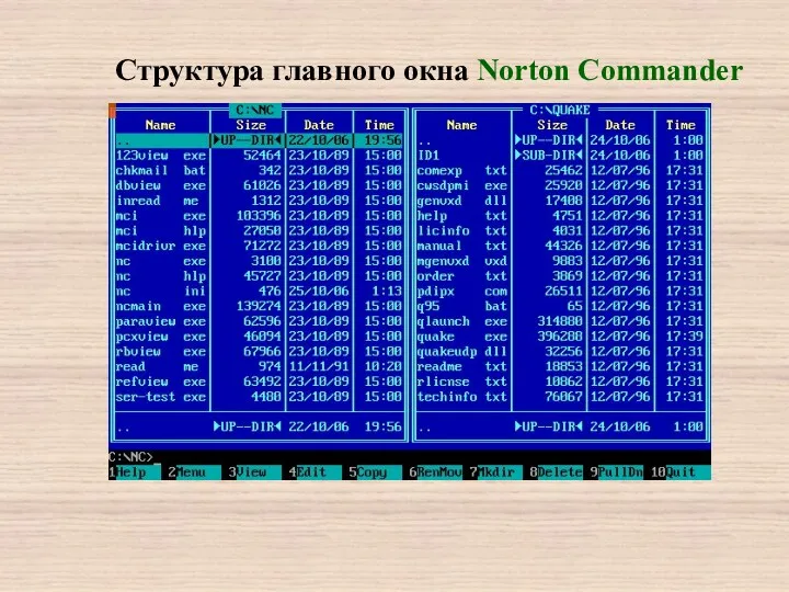 Структура главного окна Norton Commander