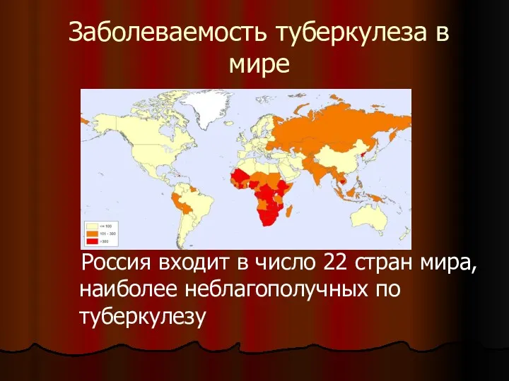 Заболеваемость туберкулеза в мире Россия входит в число 22 стран мира, наиболее неблагополучных по туберкулезу