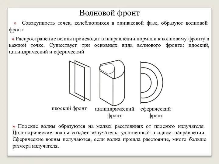 Волновой фронт » Совокупность точек, колеблющихся в одинаковой фазе, образуют