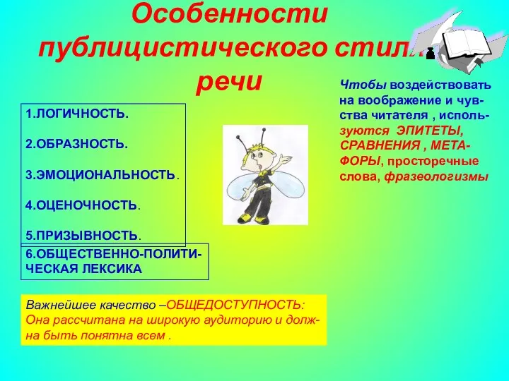 Особенности публицистического стиля речи 1.ЛОГИЧНОСТЬ. 2.ОБРАЗНОСТЬ. 3.ЭМОЦИОНАЛЬНОСТЬ. 4.ОЦЕНОЧНОСТЬ. 5.ПРИЗЫВНОСТЬ. 6.ОБЩЕСТВЕННО-ПОЛИТИ-