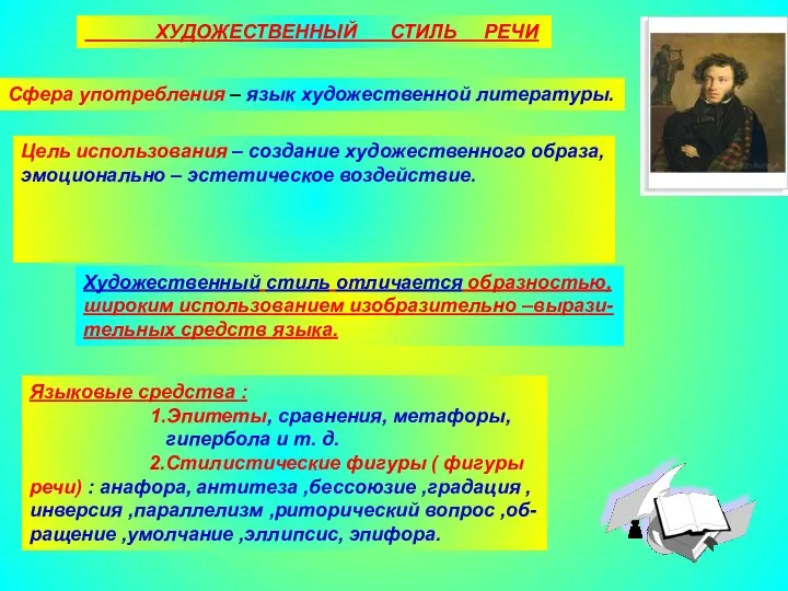 ХУДОЖЕСТВЕННЫЙ СТИЛЬ РЕЧИ Сфера употребления – язык художественной литературы. Цель