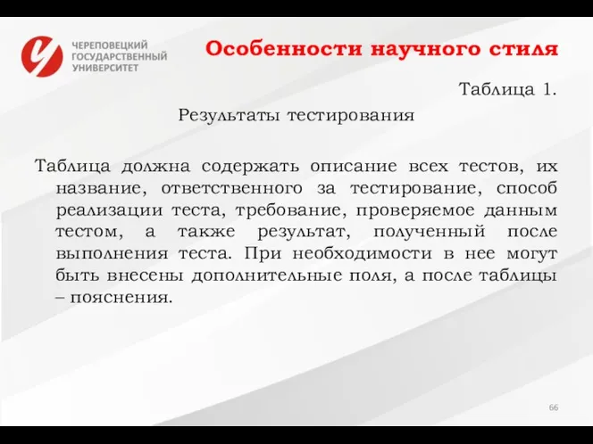 Особенности научного стиля Таблица 1. Результаты тестирования Таблица должна содержать