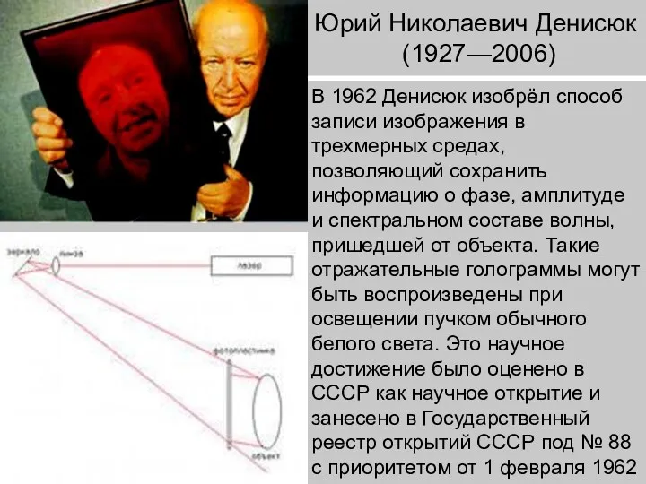 Юрий Николаевич Денисюк (1927—2006) В 1962 Денисюк изобрёл способ записи