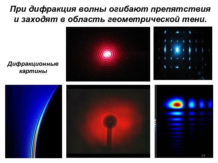 При дифракция волны огибают препятствия и заходят в область геометрической тени. Дифракционные картины