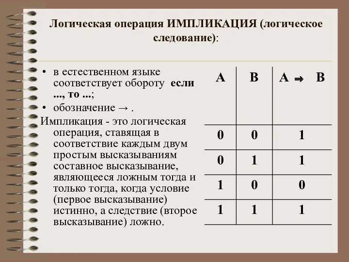 Логическая операция ИМПЛИКАЦИЯ (логическое следование): в естественном языке соответствует обороту