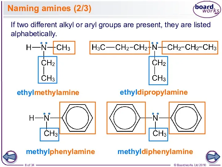 Naming amines (2/3) ethylmethylamine If two different alkyl or aryl