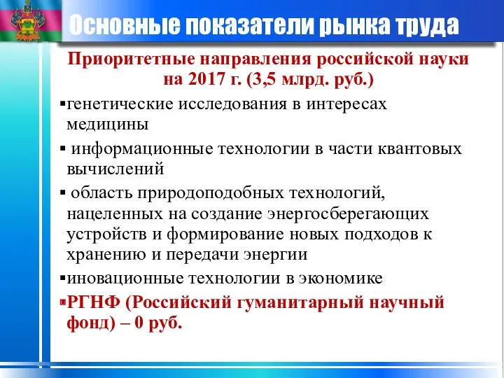 Основные показатели рынка труда Приоритетные направления российской науки на 2017 г. (3,5 млрд.